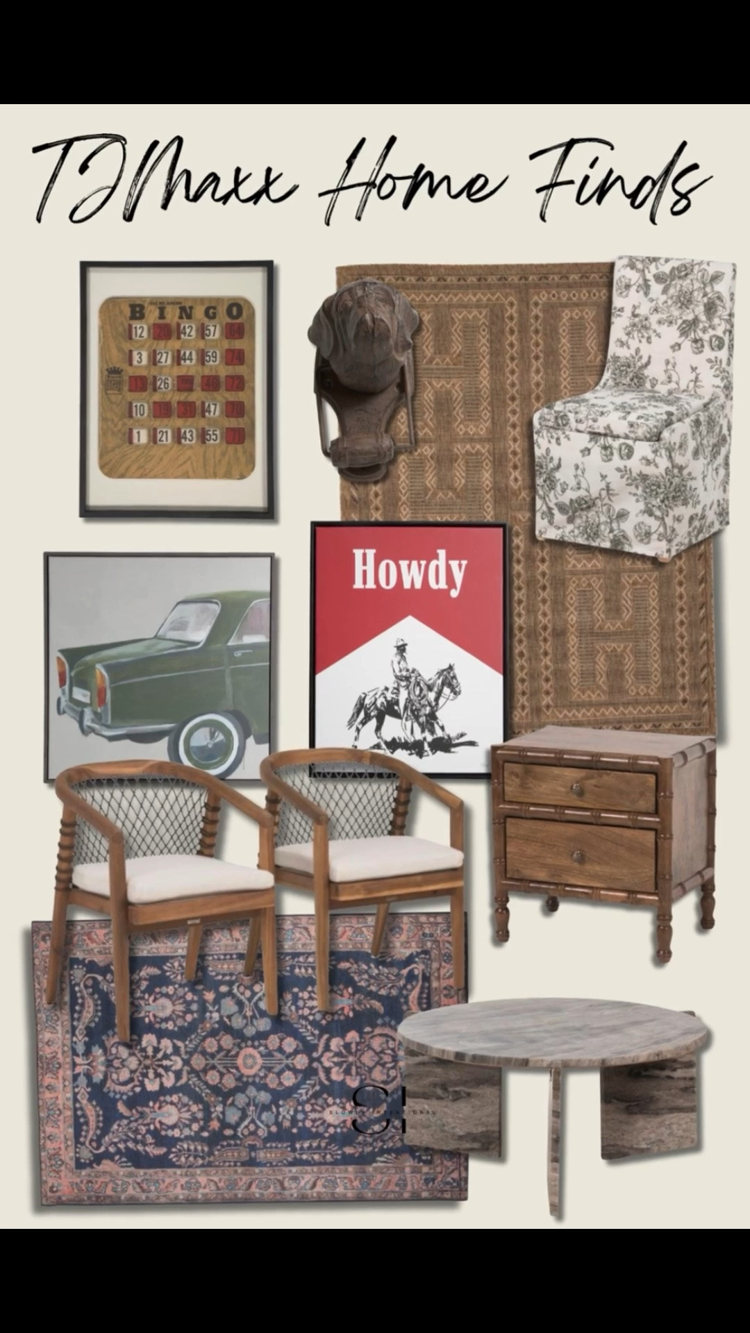 tjmaxx finds, eclectic home decor, western wall art, vintage style rug, transitional living room, wood accent chairs, floral upholstered chair, rustic wooden nightstand, marble coffee table, affordable home styling

#LTKHome