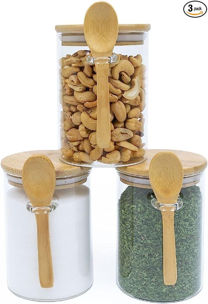 Set of 3 Airtight Glass Jars with Bamboo Lids & Bamboo Spoons - Decorative & Durable 15-Oz Borosi... | Amazon (US)