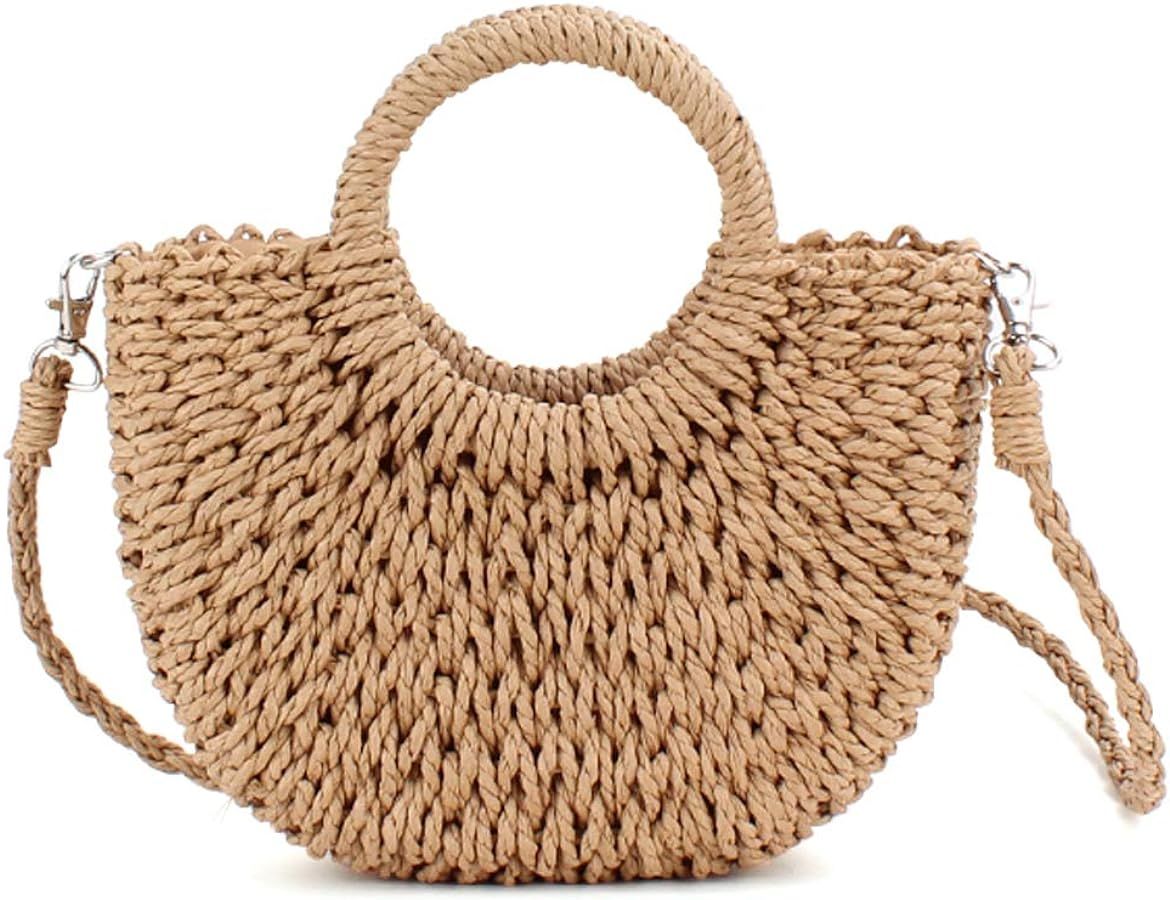QTKJ Mini Semi-circle Rattan Straw Bag, Hand-woven Women Summer Retro Beach Tote Shoulder Bag Cro... | Amazon (US)