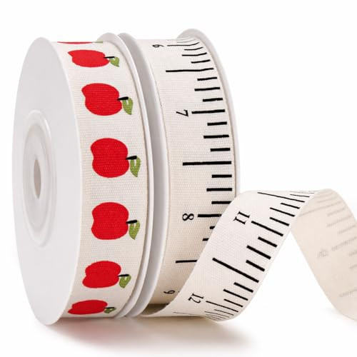 KINGLAKE Ruler Ribbon Teacher Themed - 5/8 Inch x 20 Yards Apple Natural Cotton Twill Tape Ribbon for Teacher Appreciation Week Graduation Back to School Gift Wrapping Baking Classroom Decor | Amazon (US)