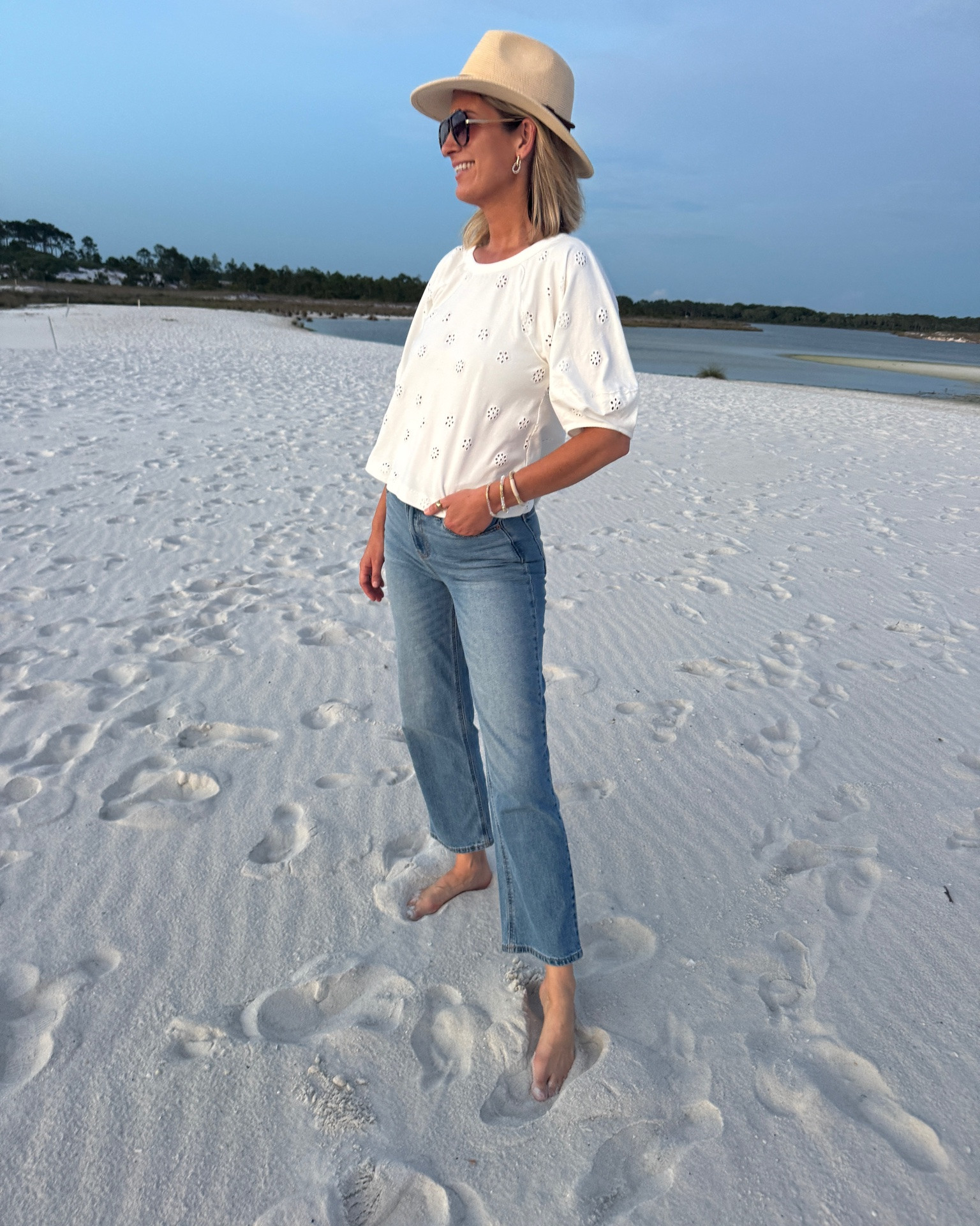 I sized down in the length of these jeans for a cropped fit. I am 5’11” wearing 4 regular and small in the top.

#LTKootd #LTKTall #LTKOver40