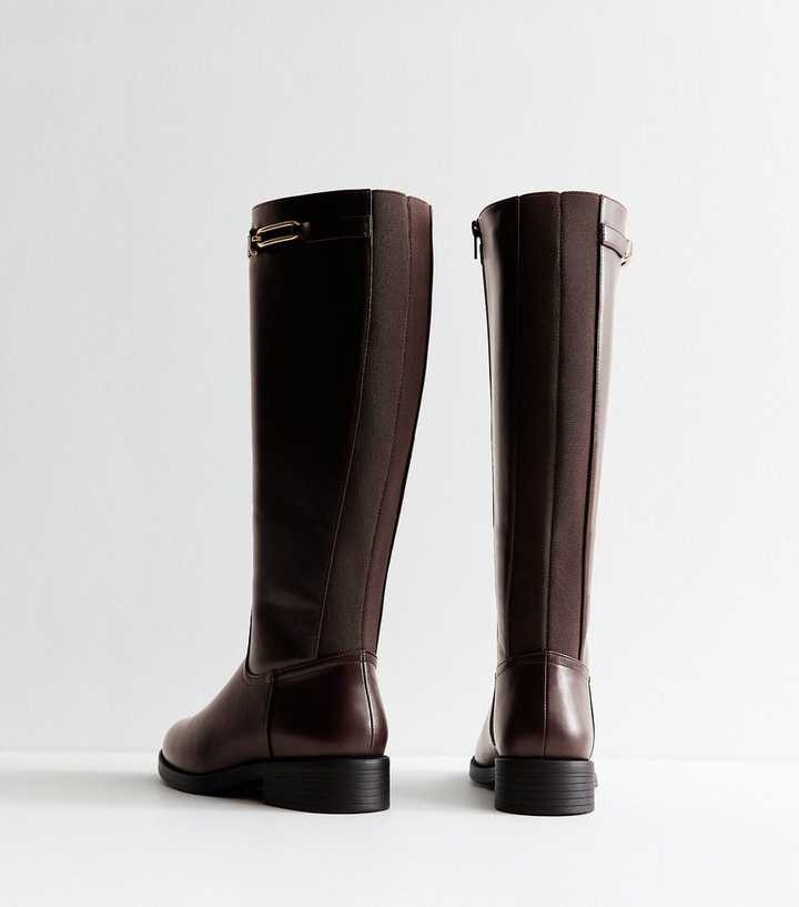 Wide Fit Brown Faux Leather Riding Look Knee High Boots | New Look | New Look (UK)