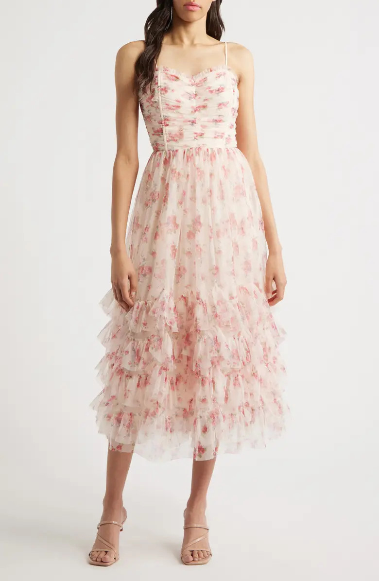 Lucy Paris Irina Floral Ruffle Fit & Flare Midi Dress | Nordstrom | Nordstrom