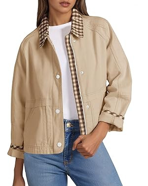 Tankaneo Womens Cropped Jacket Lightweight Casual Zip Up Barn Jackets Fall Contrast Plaid Outerwe... | Amazon (US)