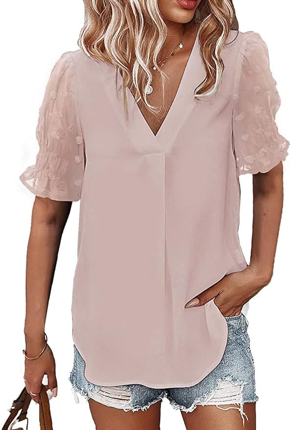 Samefar Women's Casual V Neck Long/Short Sleeve Pom Pom Shirt Tops Loose Flowy Chiffon Blouses at... | Amazon (US)