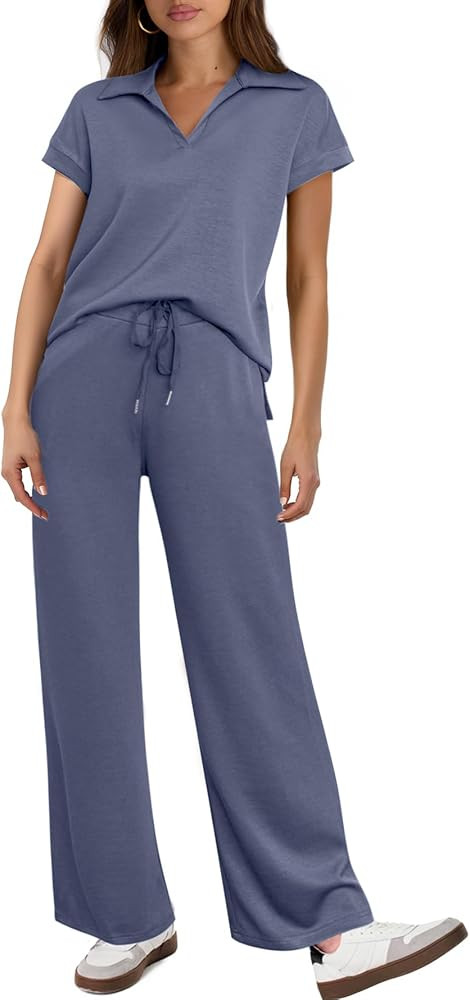 Glamaker Womens 2 Piece Summer Outfit Lounge Set Cap Sleeve Polo Top And Pant Set Tracksuit Trave... | Amazon (US)