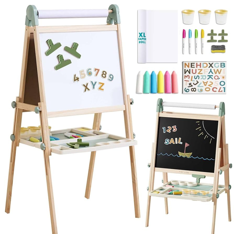 Tiny Land Easel for Kids, Double-Sided Magnetic Easel with Drawing Accessories, Adjustable Wooden... | Amazon (US)