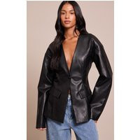 Tall Black Leather Look Cinched Waist Blazer | PrettyLittleThing US