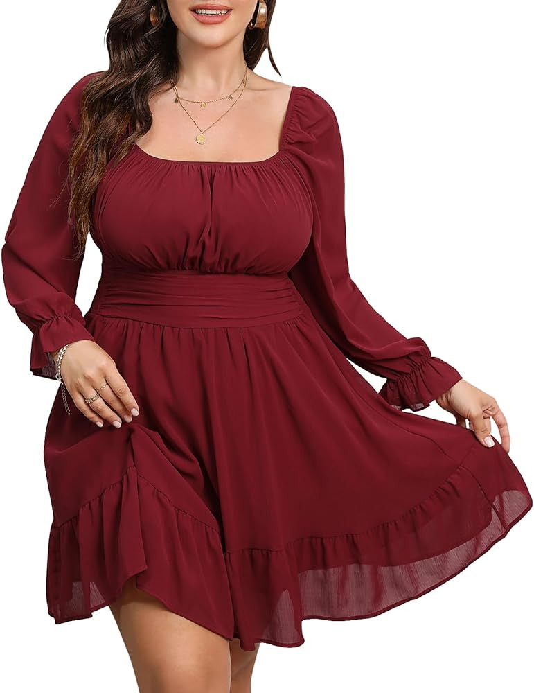 Byinns Women's 2024 Plus Size Tie Back Square Neck Mini Dress Long Lantern Sleeve Elastic Waist W... | Amazon (US)