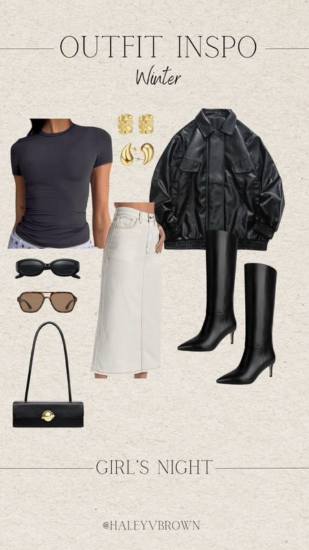 90s Hair, Layered Hair, Blowout, white denim skirt, black calf high boots, black skinny belt, chunky gold earrings, black handbag, retro sunglasses, black oval sunglasses, rectangle sunglasses, neutral work outfit, black bomber jacket, black short sleeve top, skinny black handbag, biker outfit

#LTKSeasonal #LTKstyletip #LTKshoecrush