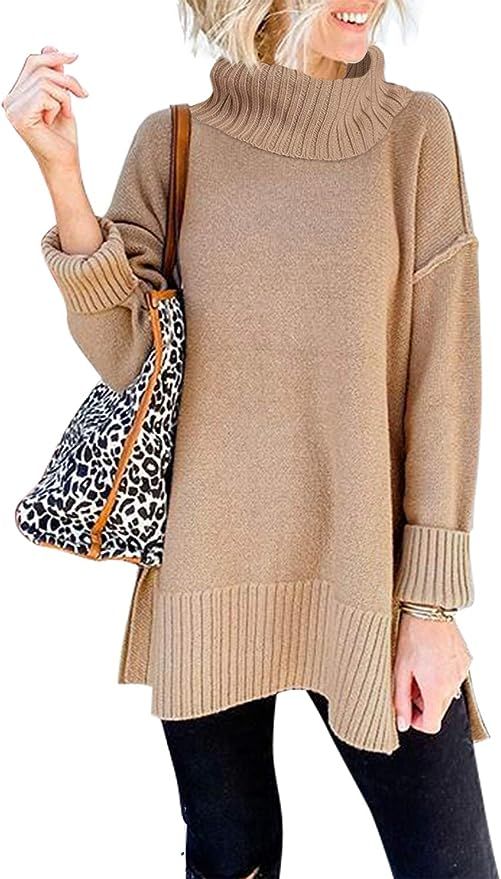 MEROKEETY Women's Casual Turtleneck Side Split Pullover Sweater Loose Long Sleeve Jumper Top | Amazon (US)