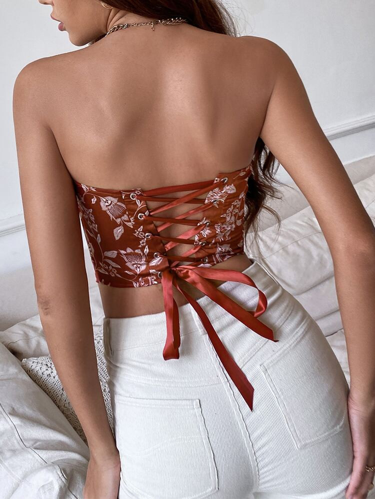 Plant Print Bustier Bust Lace Up Back Crop Tube Top | SHEIN