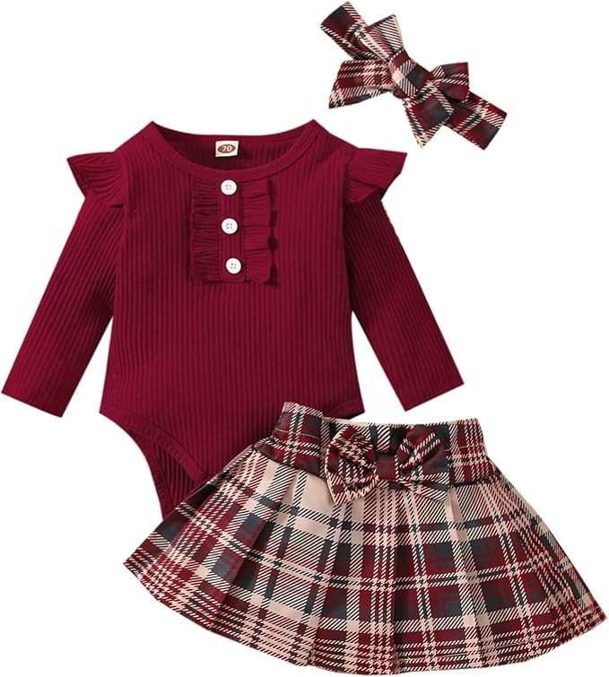Sasaerucure Infant Baby Girl Fall Winter Outfits Long Sleeve Romper Knitted Bodysuit with Plaid S... | Amazon (US)