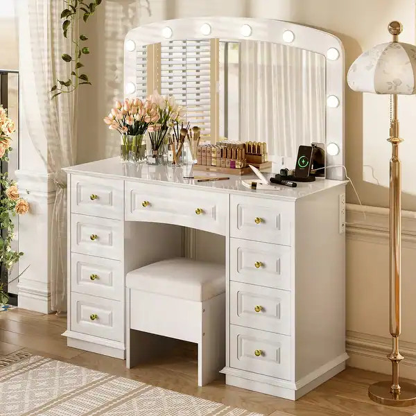 Makeup Vanity with 10 Hollywood Bulbs, 3 Color Lighting Modes, Classic Dressing Table with Cushio... | Bed Bath & Beyond
