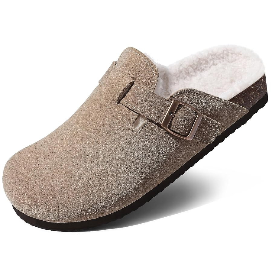 KIDMI Women's Fur Lined Suede Clogs Fuzzy Cork Footbed Mules Slip On Winter Potato Shoes | Amazon (US)