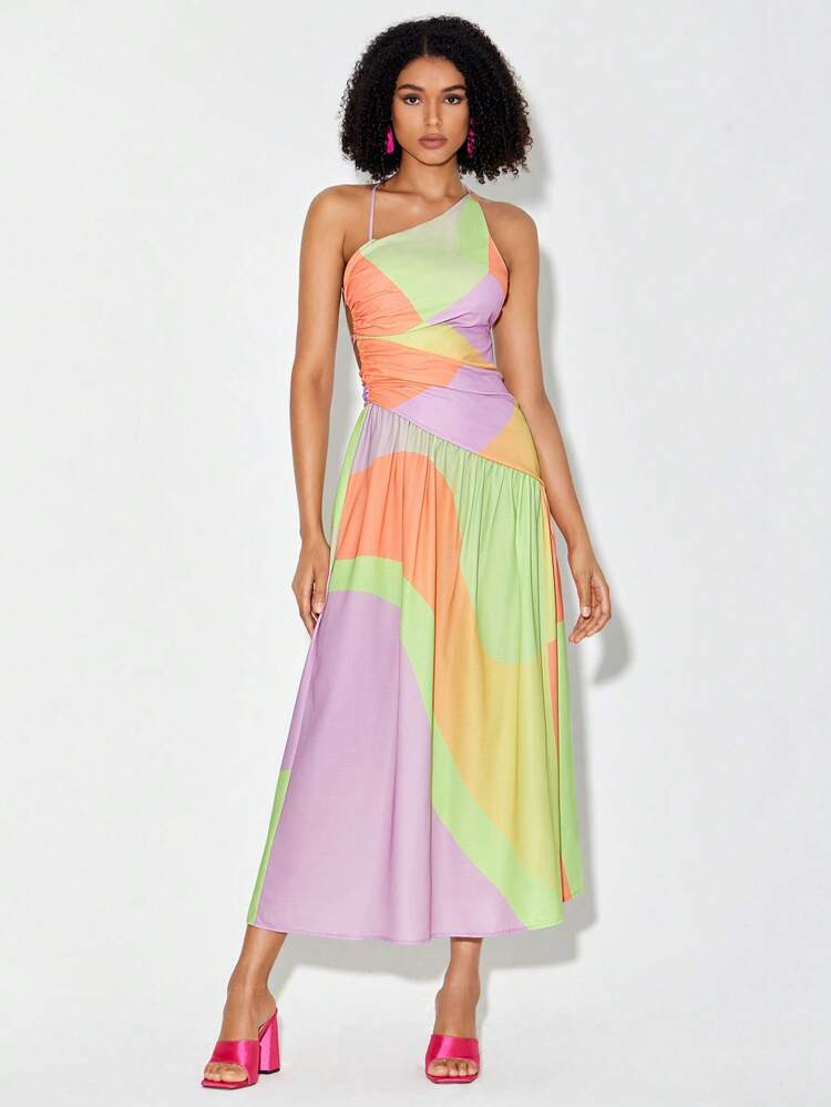 SHEIN X Ishaarah Colorblock Asymmetrical Neck Ruched Lace Up Backless Dress | SHEIN