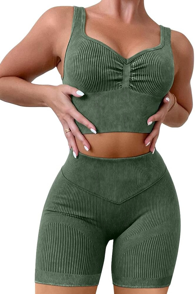 GXIN Workout Sets for Women 2 Piece Seamless Ribbed High Waist Running Shorts Gym Yoga Sports Bra Ex | Amazon (US)