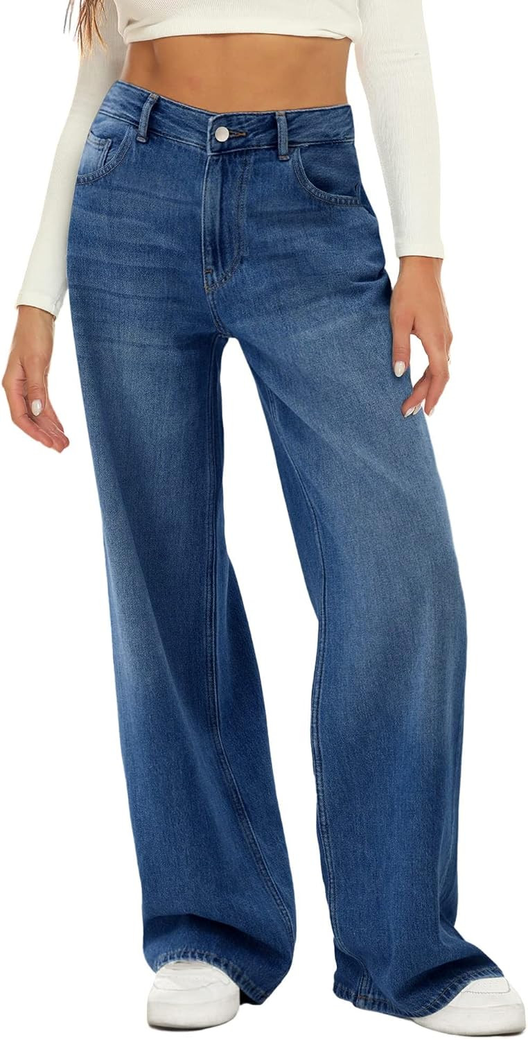 HDLTE Straight Leg Jeans for Women, High Waisted Wide Leg Jeans Loose Stretchy Denim Pants Trousers Trendy with Pockets | Amazon (US)