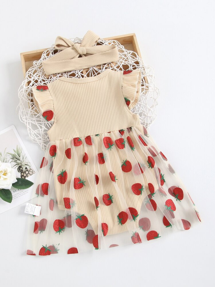 Baby Girl Strawberry Mesh Panel Combo Bodysuit & Headband | SHEIN