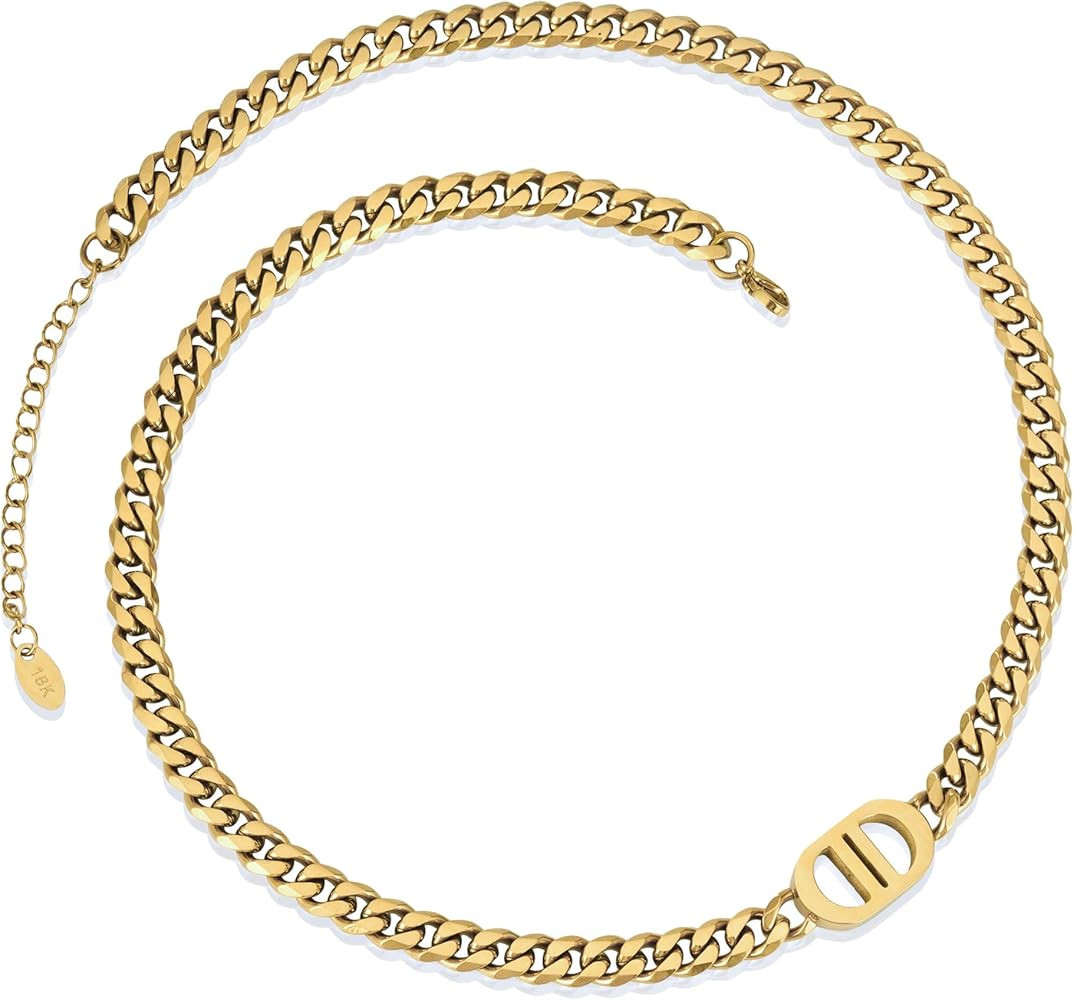 Womens 18K Real Gold Plated Initial Necklace Choker with Double D Letter, 6mm 316L Stainless Stee... | Amazon (US)