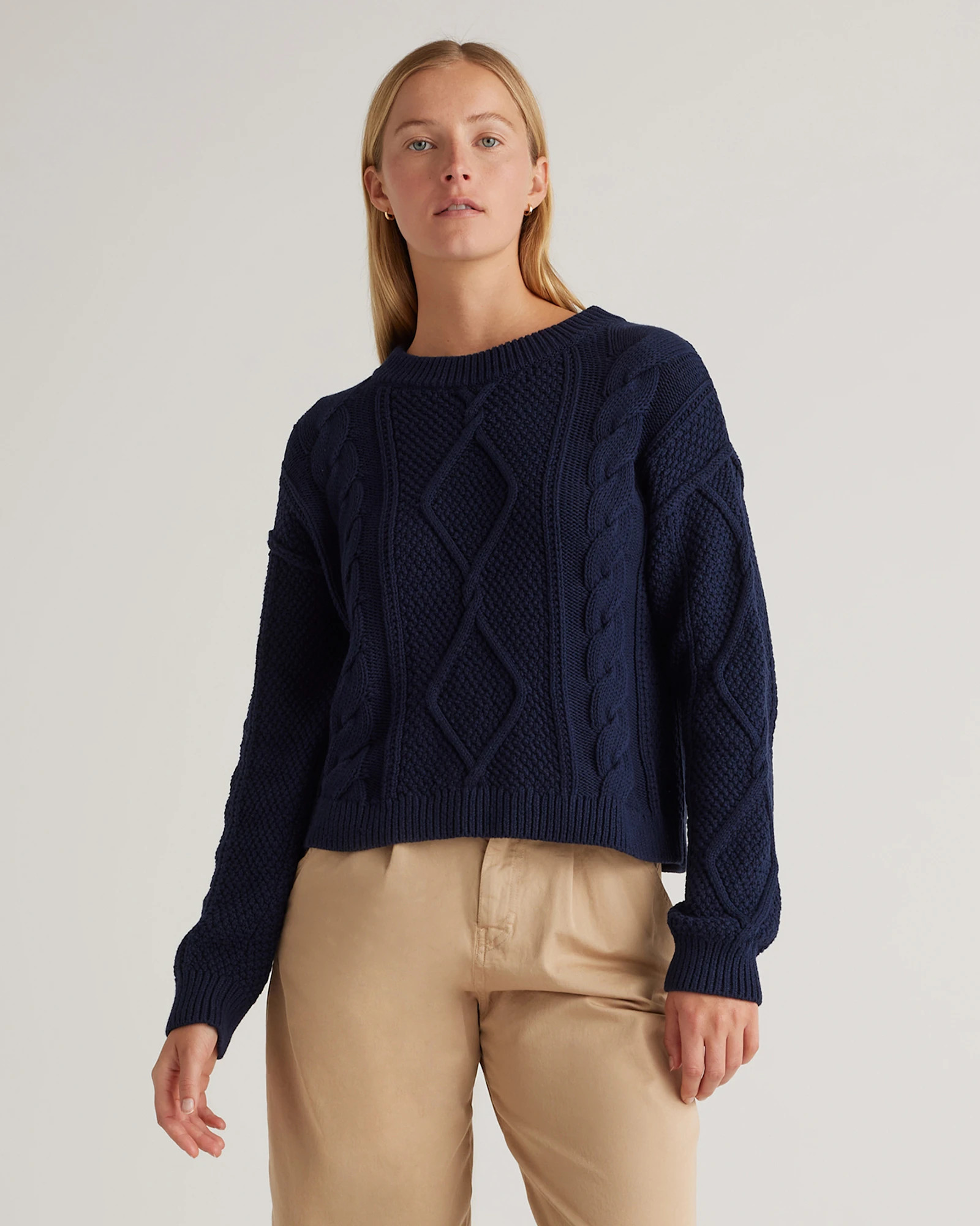 Quince | Women's Cropped Cable Crew Sweater in Dark Spruce, Size Large, Organic Cotton | Quince