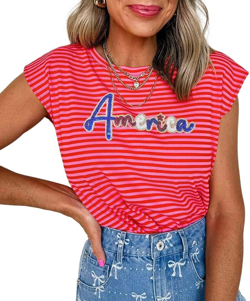 Melliflo Womens Sequin America Letter Patched Shirt Striped Cap Sleeve Tops Summer Loose Casual C... | Amazon (US)