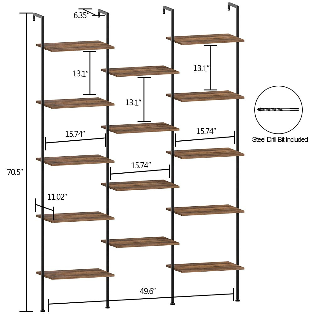 Tohomeor Triple Wide Bookshelf Wall Mounted 5-Tiers Ladder Book Shelf Industrial Wooden and Metal... | Amazon (US)
