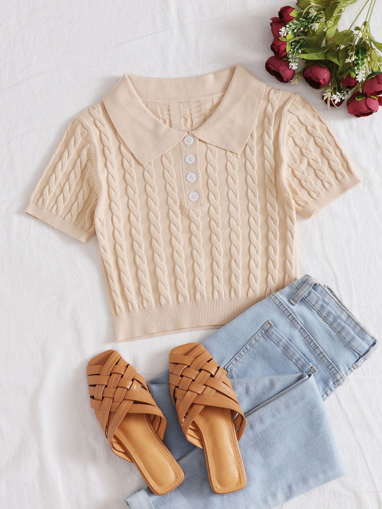 Half Button Cable Knit Crop Top | SHEIN