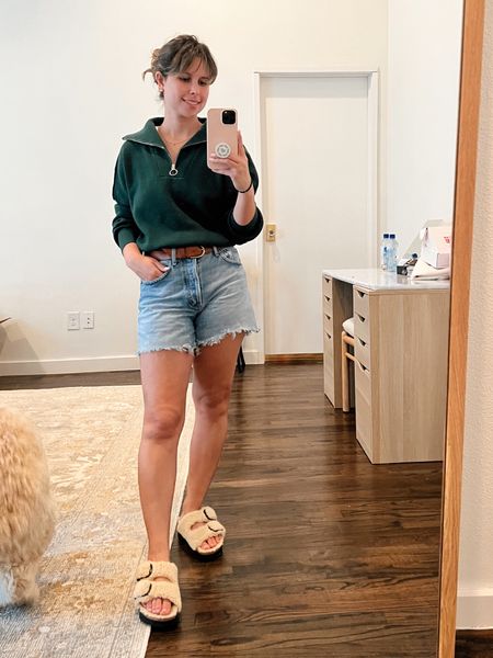 Fall warm weather outfit, amazon quarter zip, amazon fashion, Sherpa Birkenstocks, Teddy Arizona, agolde shorts, revolve, Brami tank under green sweater 

#LTKstyletip #LTKunder100 #LTKshoecrush