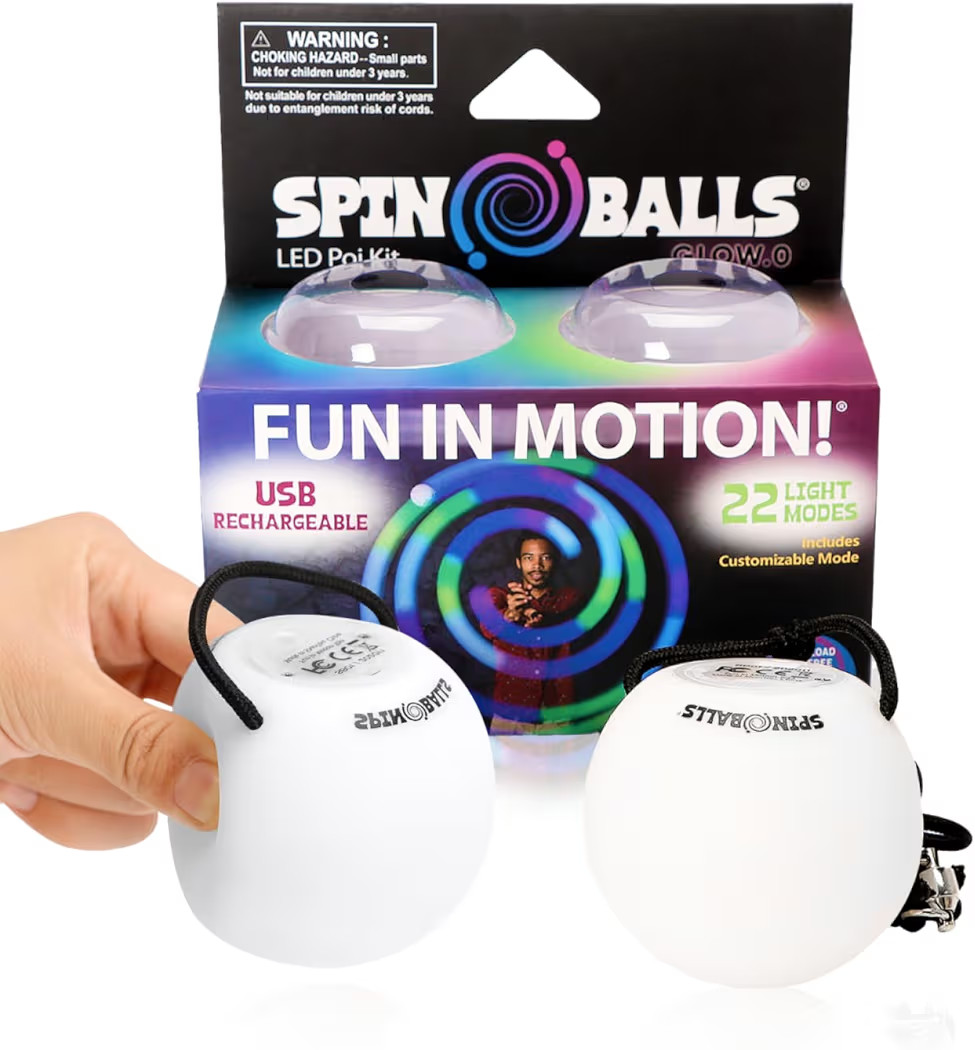 SPIN BALLS Glow.0 LED Poi – USB Rechargeable w/ 22 Vibrant Color Light Modes & Patterns – Durable, Soft-Core Spinning Balls w/Adjustable Leashes & Double-Loop Handles | Amazon (US)
