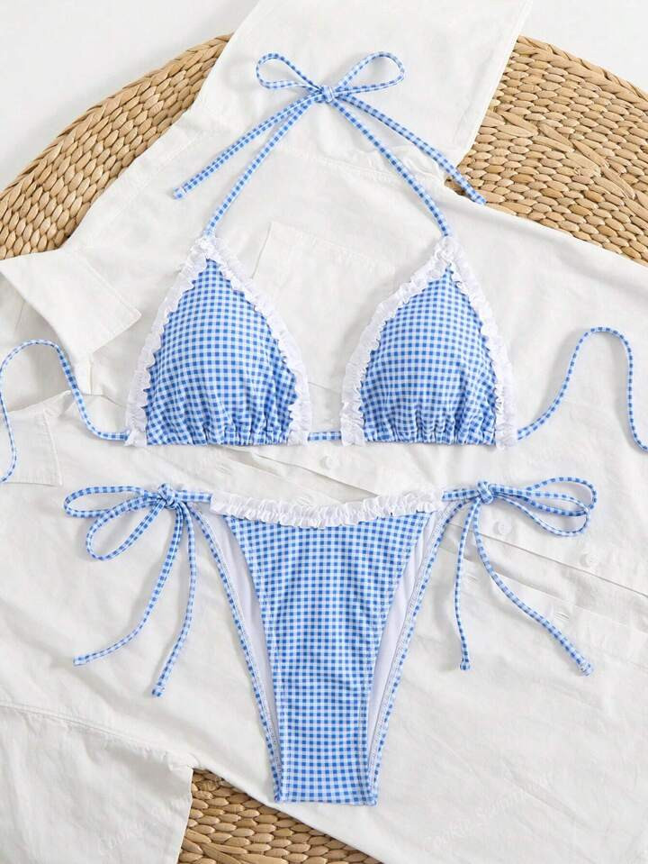 Sexy Cute Plaid Print Frill Trim Bikini Set For Women, Suitable For Beach & Pool, For Summer Vaca... | SHEIN