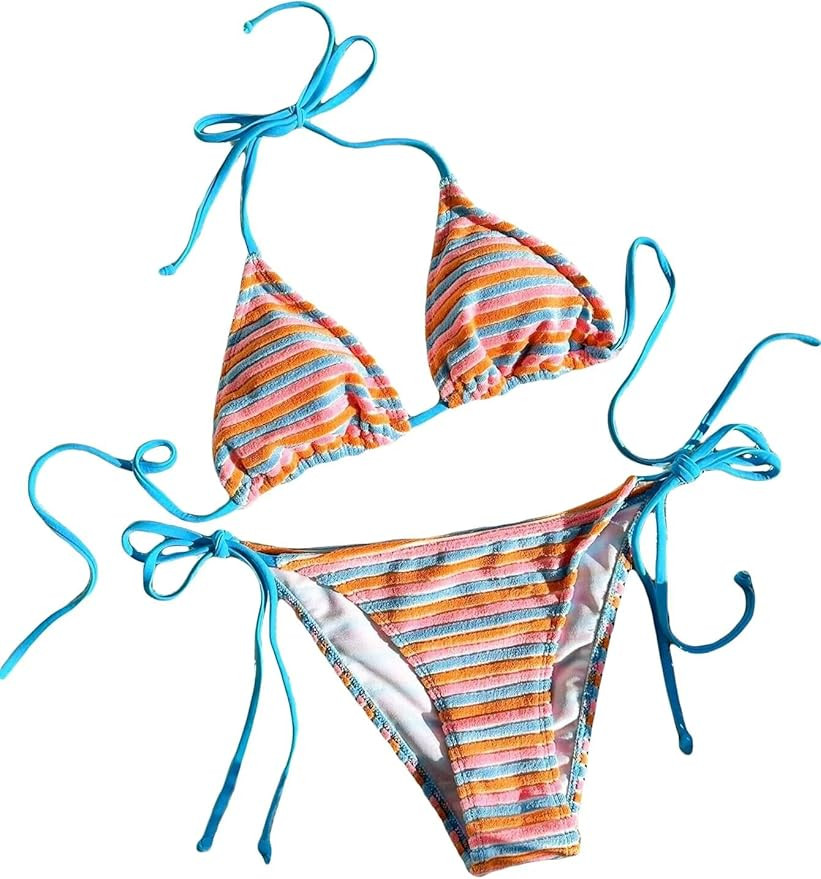 Women's Striped Knot Bathing Suit High Waisted Halter Triangle Swimsuit Bikini Set | Amazon (US)