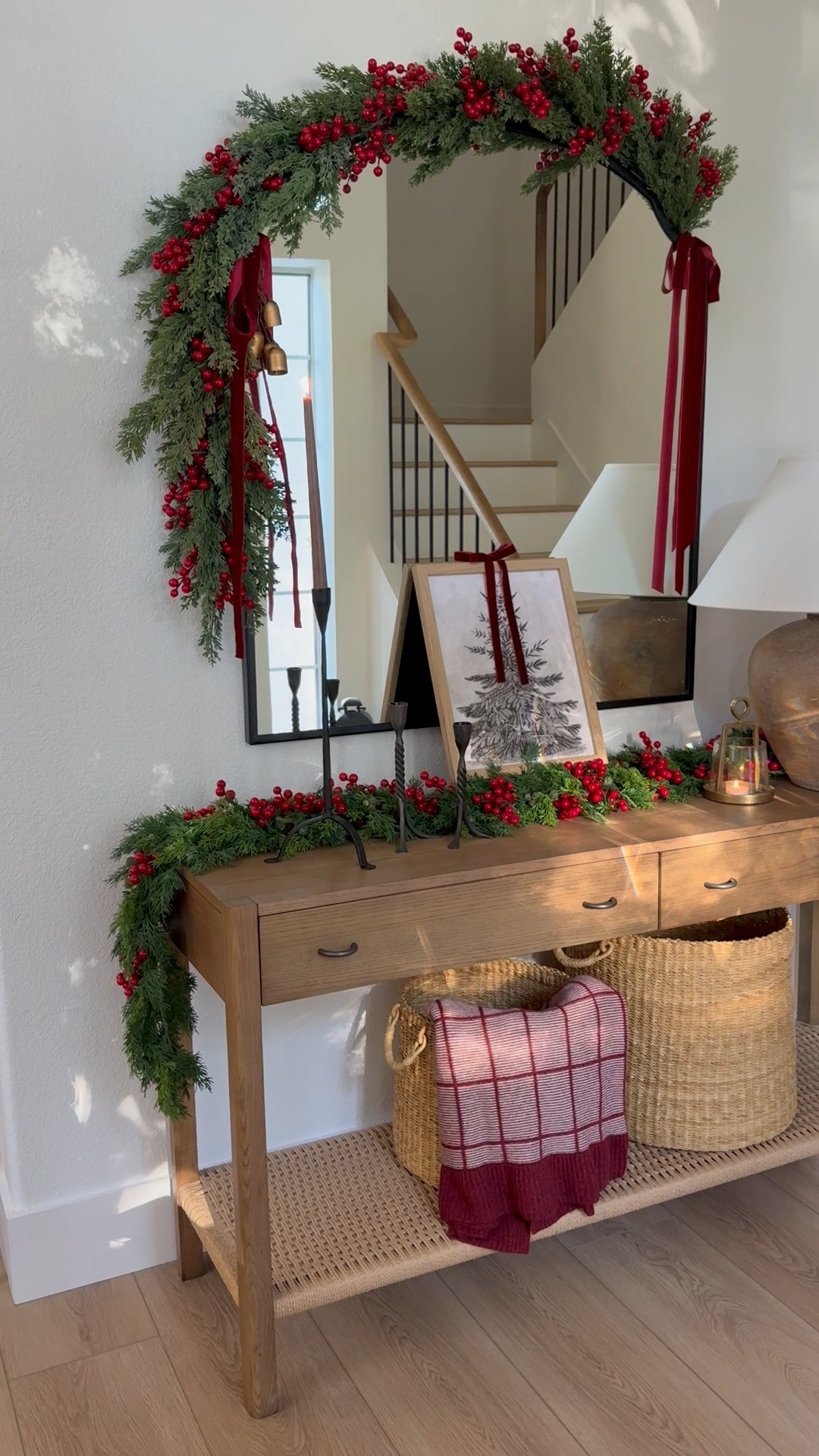 Entryway decor for Christmas 🎄
Most pieces are on sale for Black Friday right now.

Console table, statement mirror, earthy table lamp, Christmas garlands, candle holder, Christmas decor  

#LTKHome #LTKCyberWeek #LTKHoliday