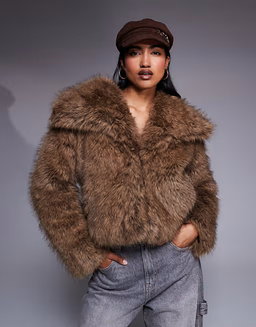 River Island cropped faux fur jacket in brown | ASOS (Global)