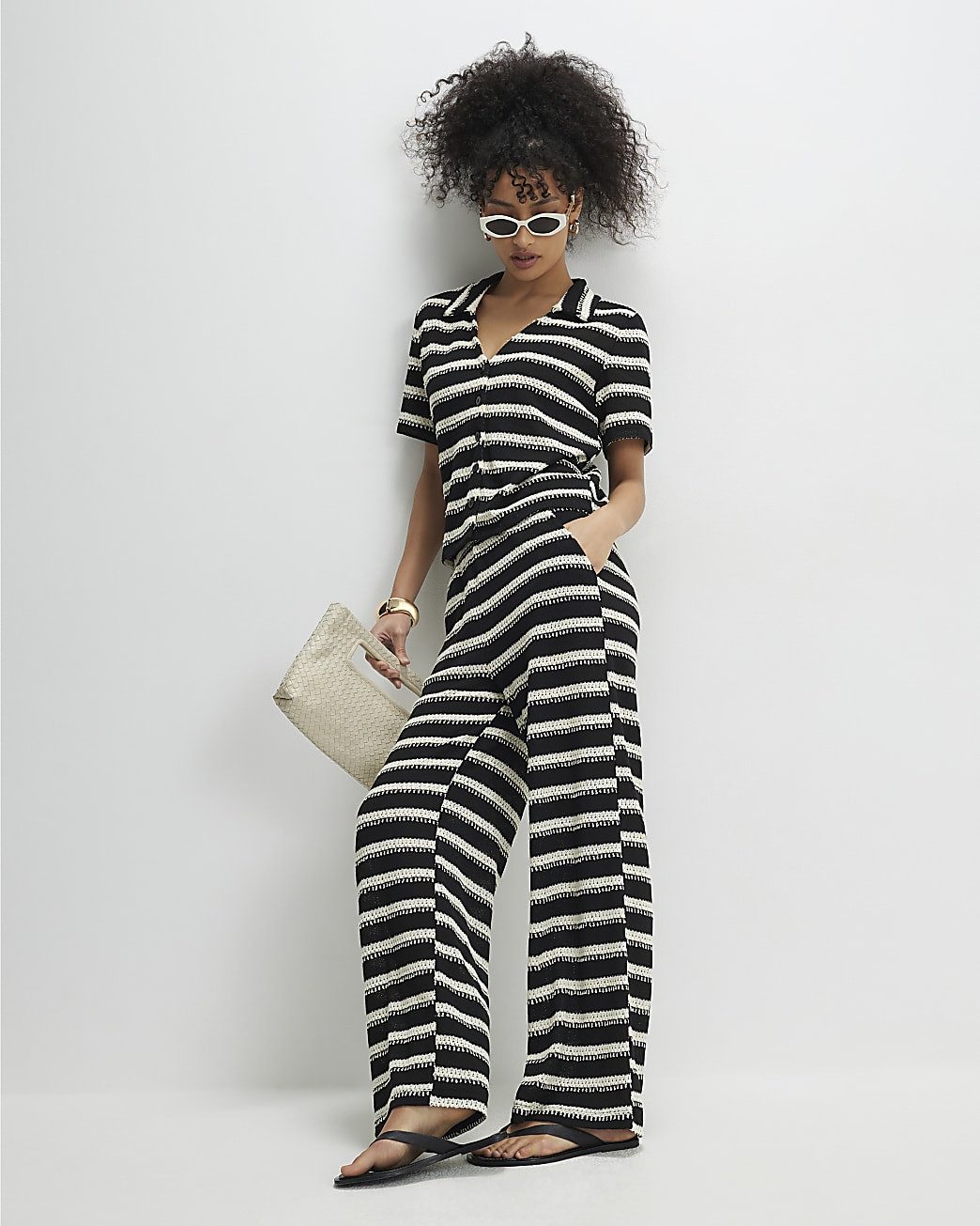 Black Striped Crochet Wide Leg Trousers | River Island UK & IE