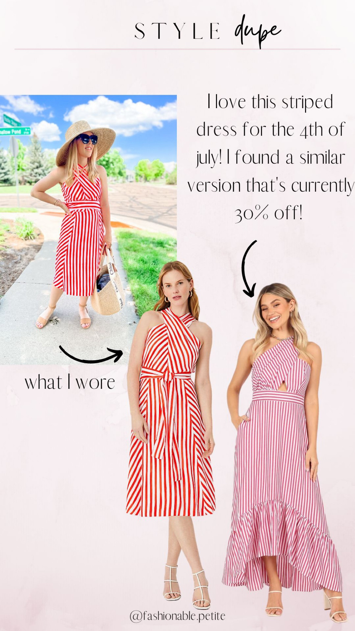 A similar dress option to this red striped halter dress! I wear 4 petite. Similar version is 30% off when using the petal & pup app. 
4th of July. July 4th. Summer holiday. Striped dress. Summer outfit. Summer dress 

#LTKsalealert