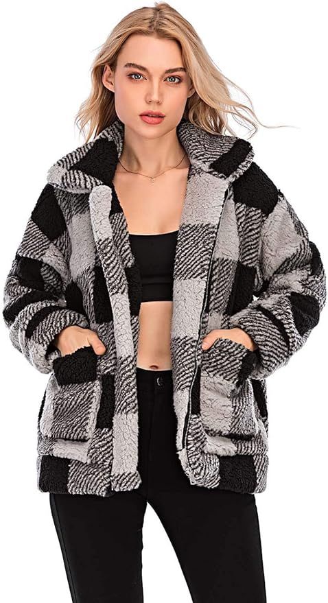 Comeon Women's Coat Casual Lapel Fleece Fuzzy Faux Shearling Zipper Coats Warm Winter Oversized O... | Amazon (US)