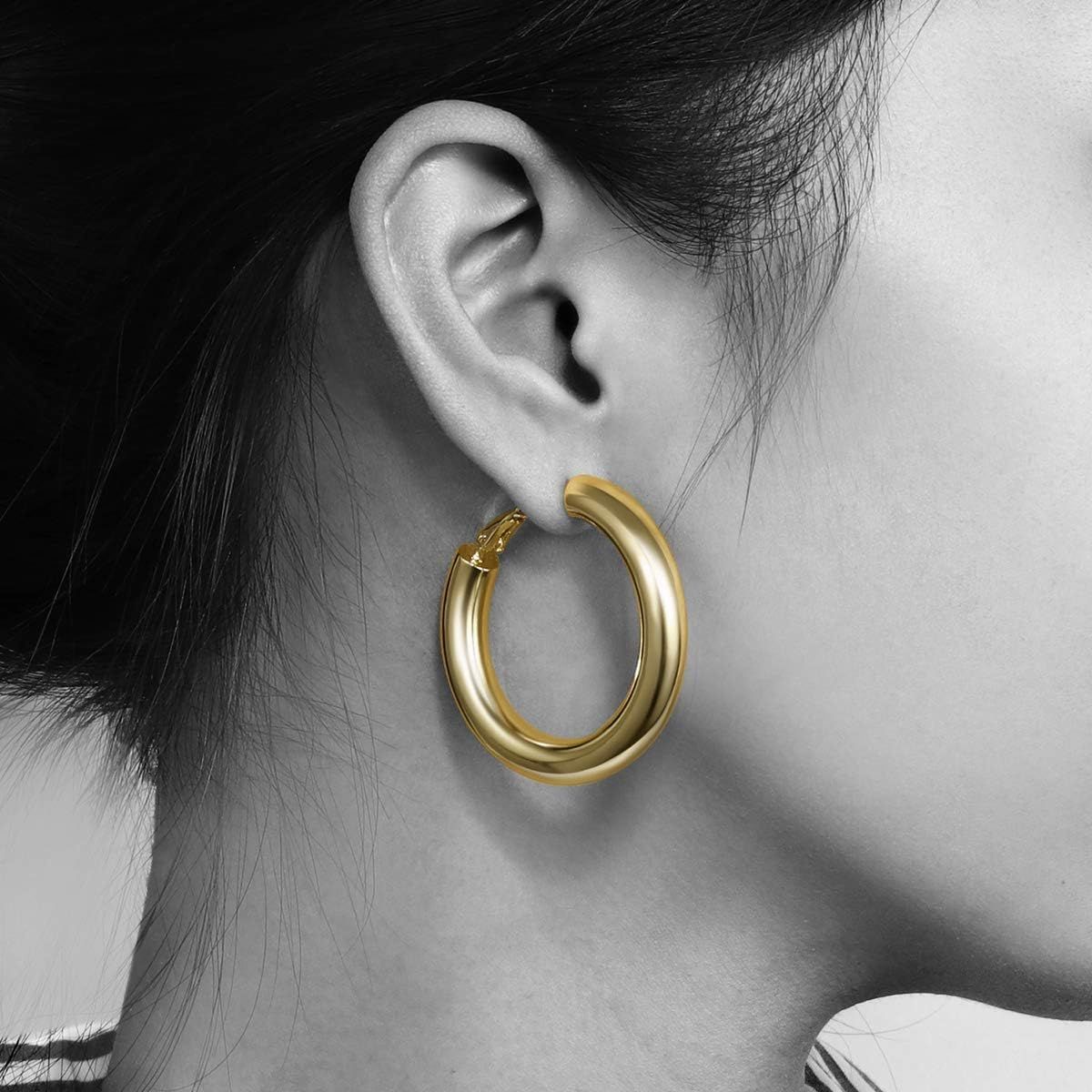 wowshow Thick Hoop Earrings Howllow 14K Gold Plated Gold Hoops for Women | Amazon (US)