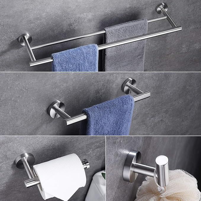 Hoooh 4-Piece Bathroom Accessories Set Brushed Stainless Steel Wall Mount - Includes Double Towel... | Amazon (US)