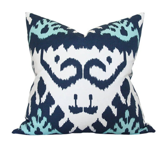 Kazak Navy Blue and Aqua Quadrille Designer Pillow Cover - Etsy | Etsy (US)