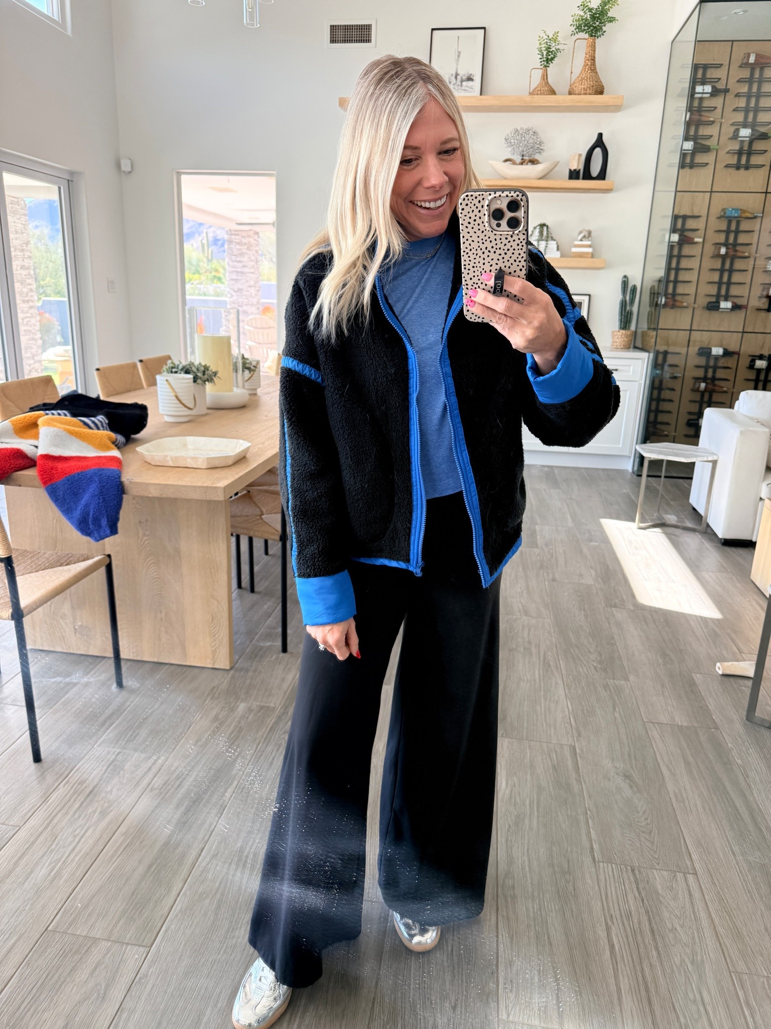 Size small fleece jackets. XS vuori wide leg pants and blue tshirt. 7.5 silver adidas sneakers 

@Vuori US 

#LTKmomlife #LTKOver40 #LTKootd