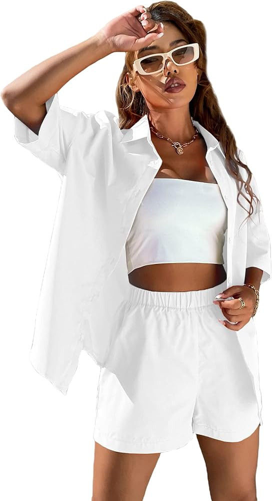 MakeMeChic Women's Casual 2 Piece Outfits Short Sleeve Button Down Shirt and Shorts Set | Amazon (US)