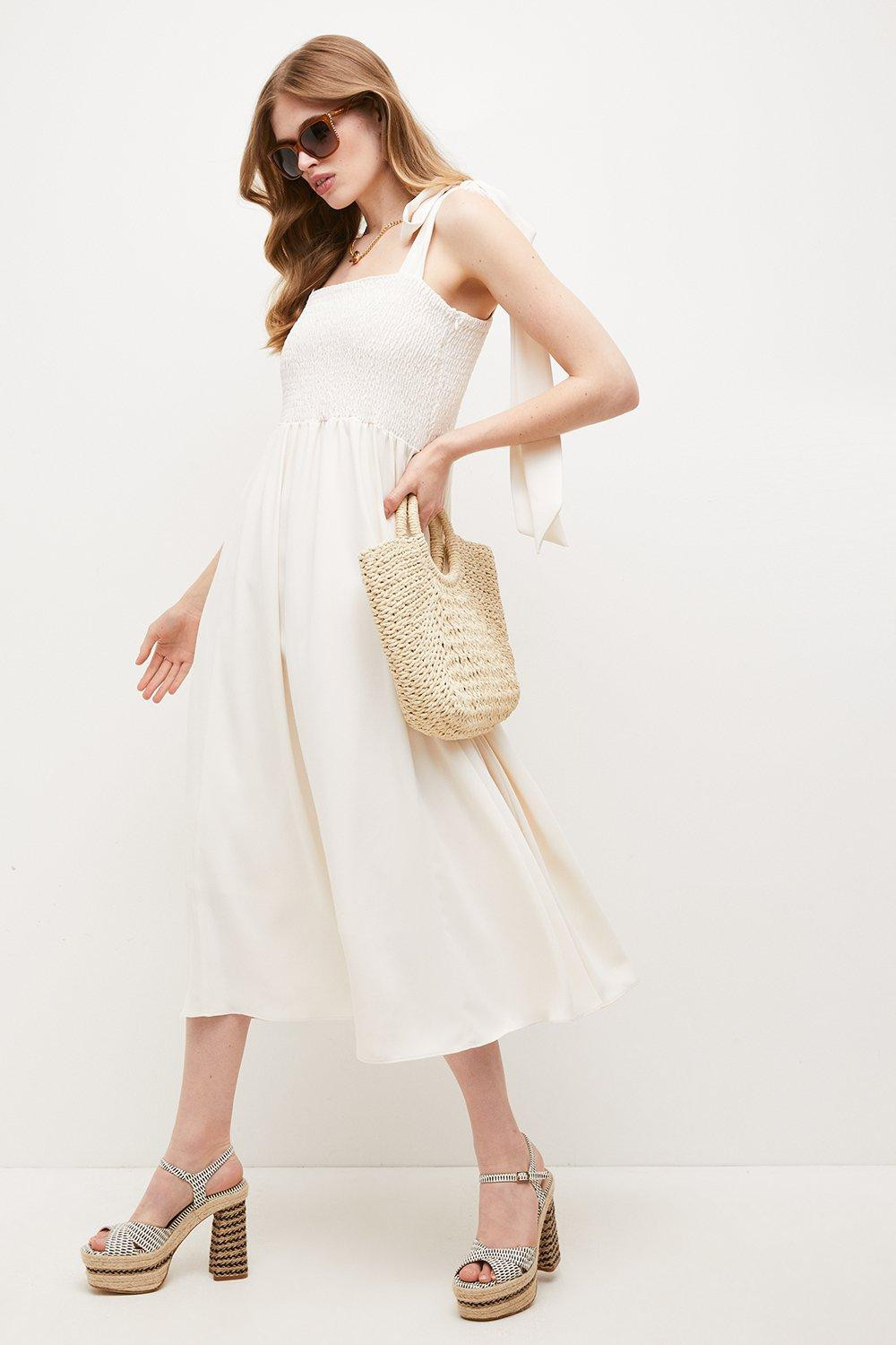 Shirred Bodice Tie Midi Dress | Karen Millen UK & IE