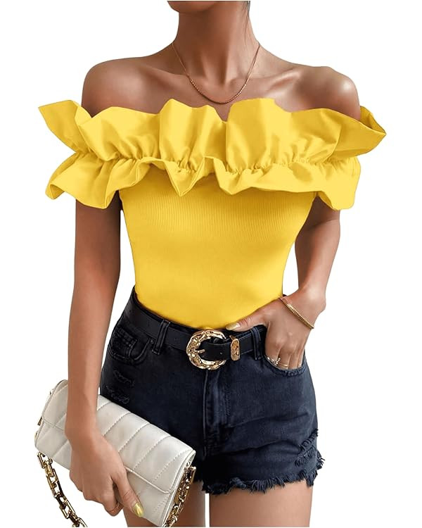 OYOANGLE Women's Ruffle Trim Off Shoulder Short Sleeve Blouse Party Tops Shirt | Amazon (US)