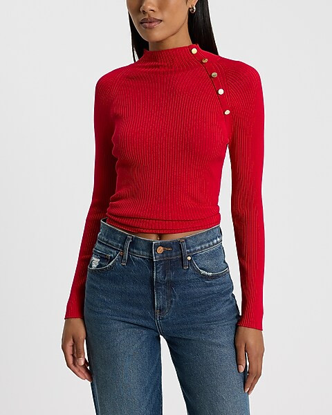 Silky Soft Fitted Ribbed Mock Neck Button Shoulder Sweater | Express