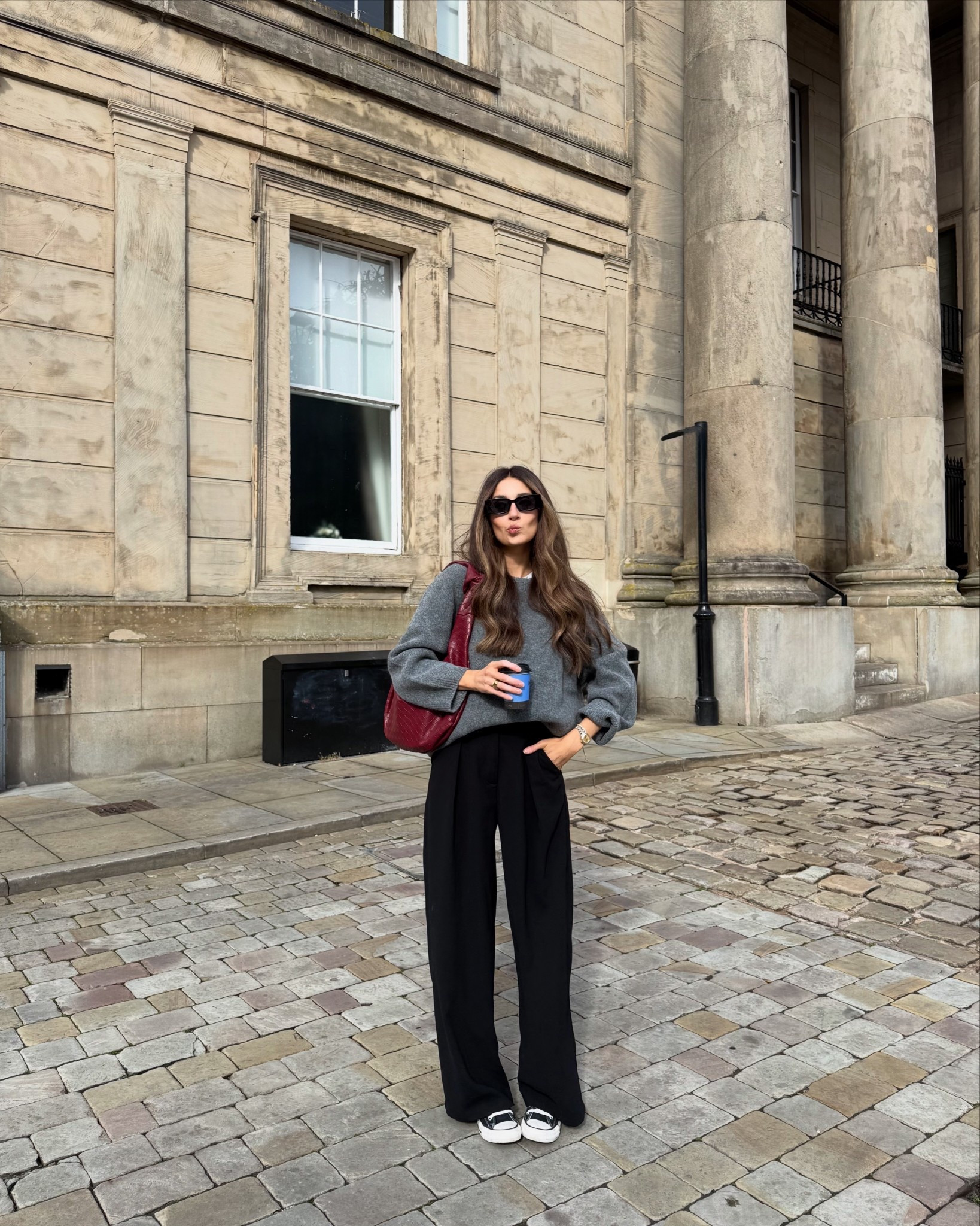Knit season 🧶 

Grey wool jumper, black wide leg trousers, burgundy bag, converse. Everyday autumn outfit 🍂 

#LTKuk #LTKautumn #LTKeurope