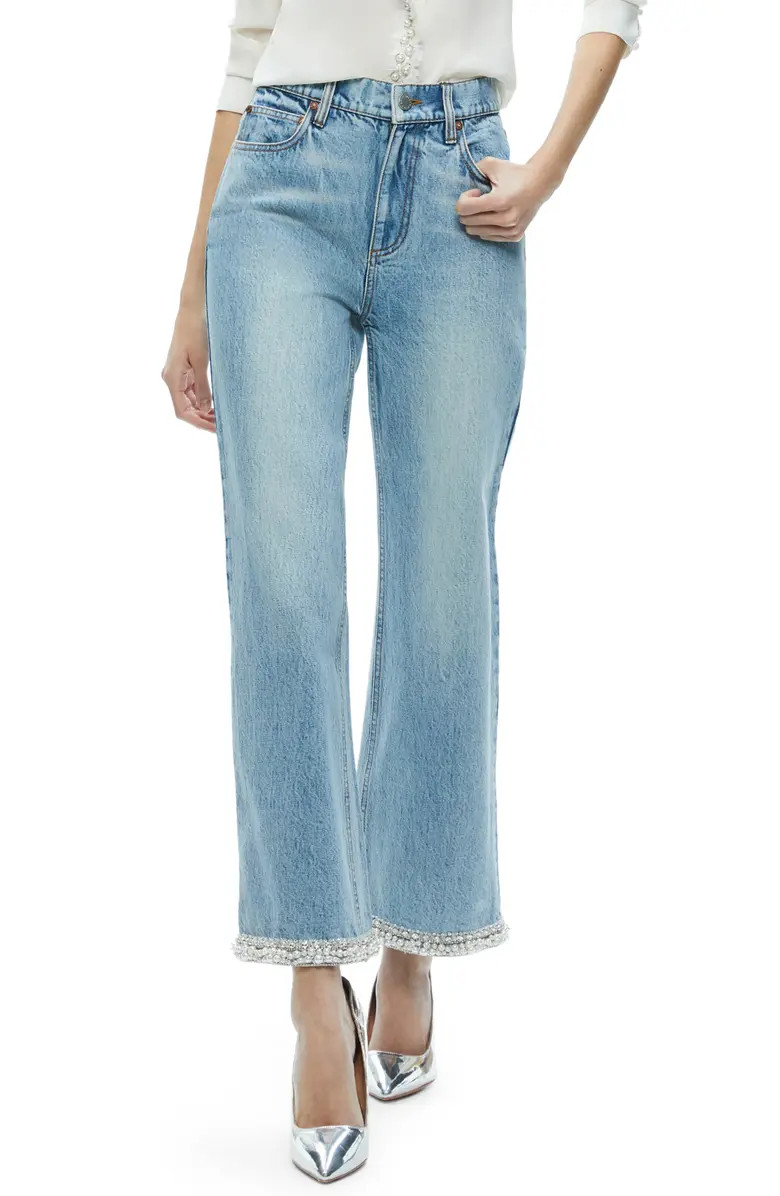 Ora Imitation Pearl & Crystal Detail Wide Leg Ankle Jeans | Nordstrom