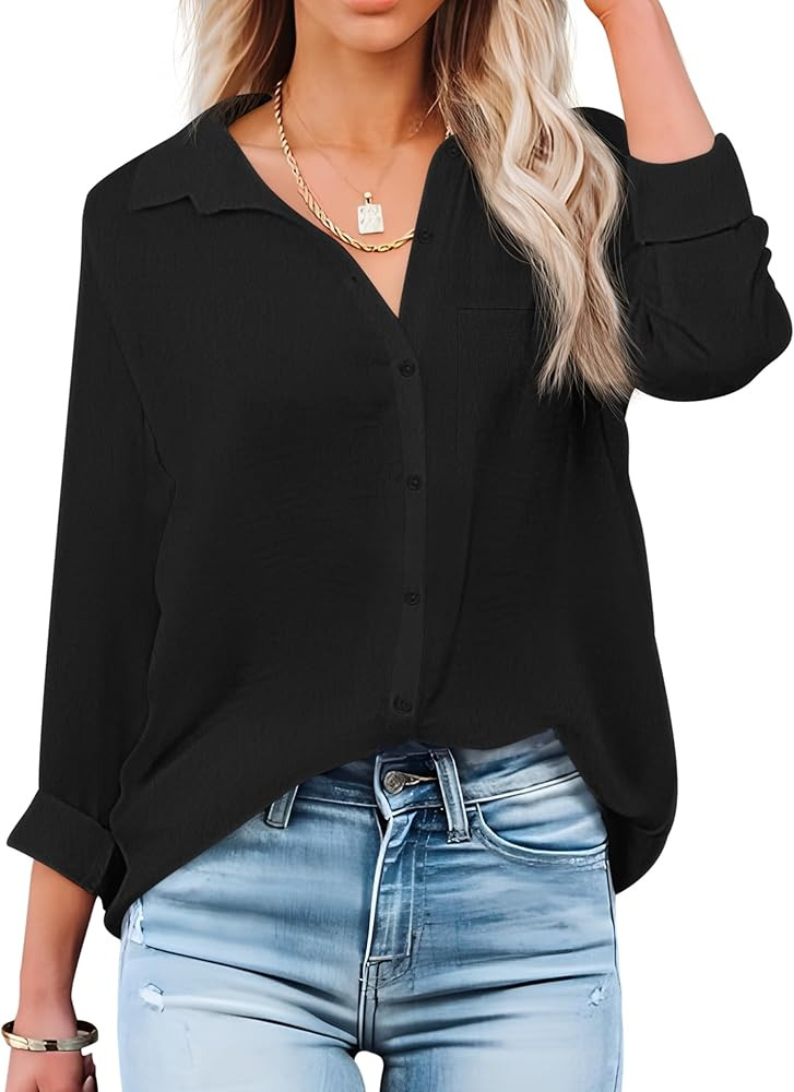 OMSJ Women's Button Down Shirts Casual Long Sleeve Stylish V Neck Solid Work Business Blouses Top... | Amazon (US)