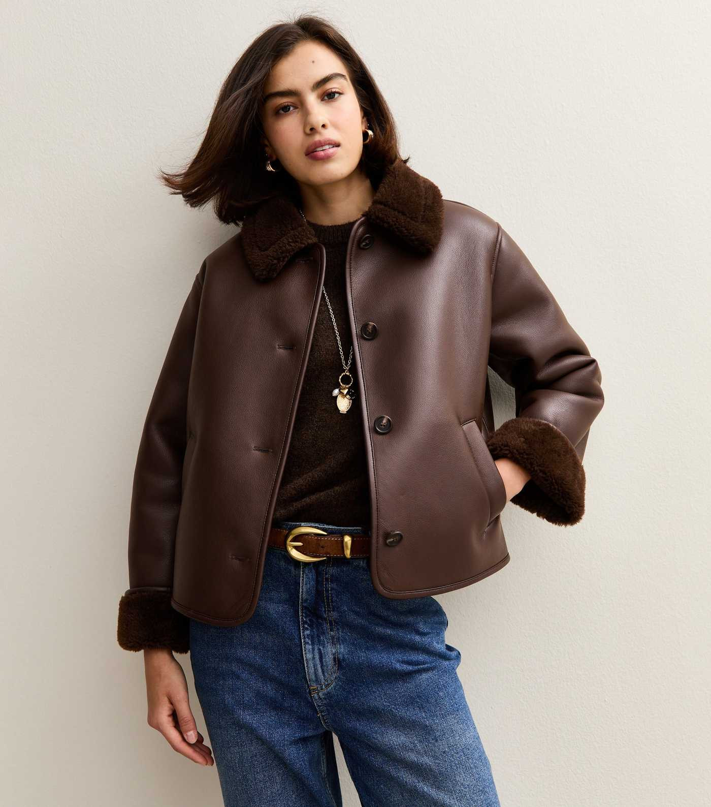 Dark Brown Faux Leather Borg Trim Jacket | New Look | New Look (UK)