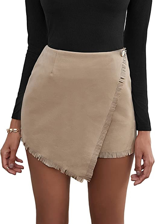 Floerns Women's Fringe Trim Wrap Front High Waist Asymmetrical Hem Mini Skirt | Amazon (US)